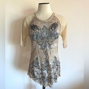 ANGELS & DIAMONDS Gold Cream Shimmer Short Sleeve Top Y2K Tee Large NWOT